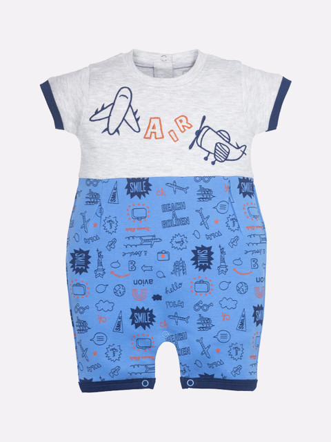 

BABY GO Boys Blue & Grey Printed Pure Cotton Rompers