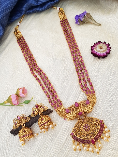 

GRIIHAM Pink & White Ruby Gold-Plated & AD-Studded & Beaded Jewellery Set