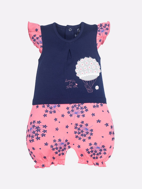 

BABY GO Infant Girls Pink & Navy Blue Printed Pure Cotton Rompers