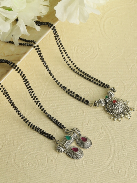 

Priyaasi Set Of 2 Silver-Plated Black & Green Ruby Studded & Beaded Mangalsutras