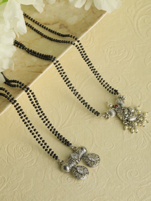 

Priyaasi Set Of 2 Silver-Plated & Black Tribal Stones Studded & Beaded Mangalsutras