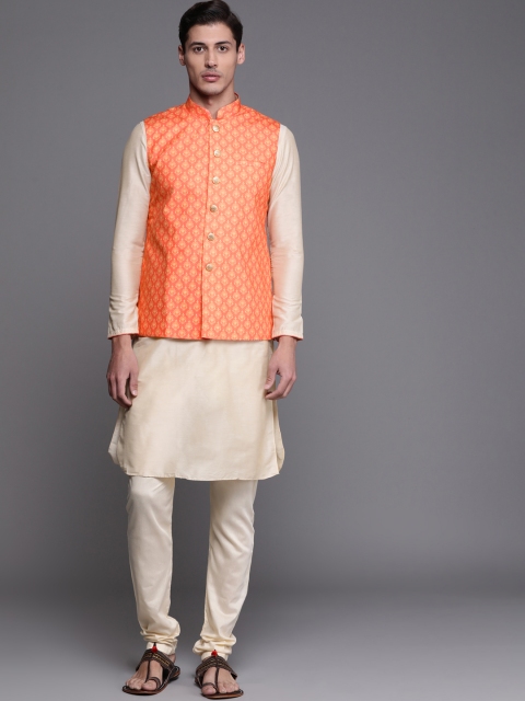 

Manu Men Cream-Coloured Kurta with Churidar & Jacket