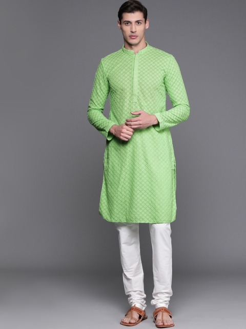 

Manu Men Green & White Floral Embroidered Kurta with Churidar