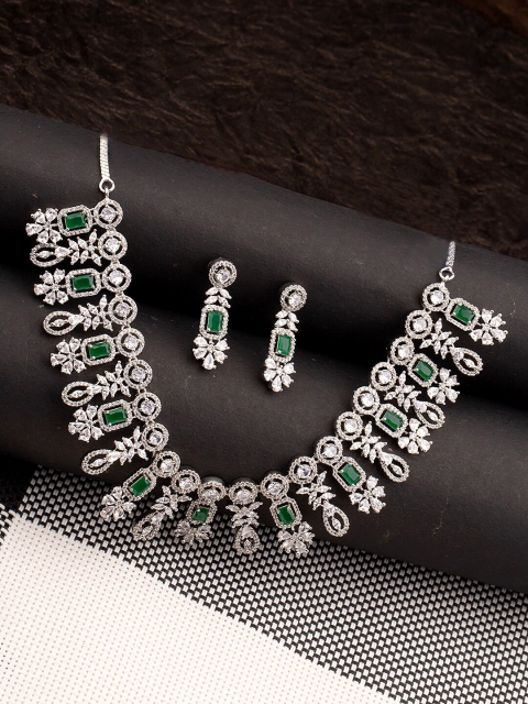 

Studio Voylla Women Silver-Toned & Green Stone Studded Necklace Set