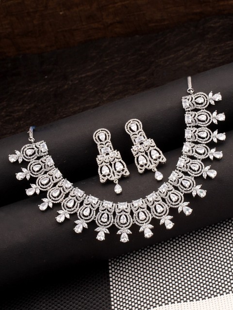 

Studio Voylla Silver-Toned Rhodium-Plated CZ Stones Studded Jewellery Set