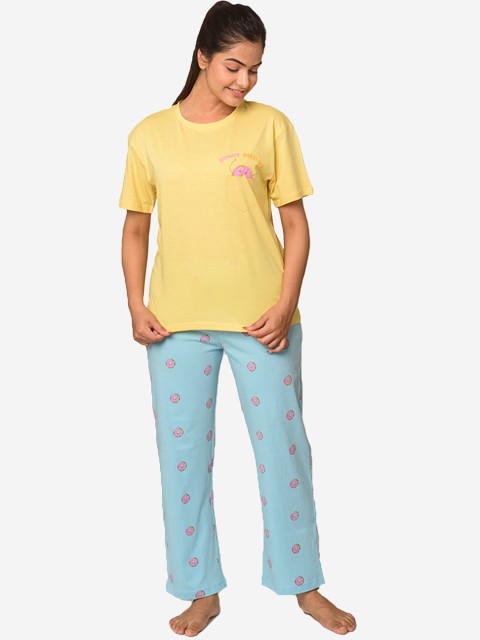 

Soxytoes Women Yellow & Blue Printed Night suit
