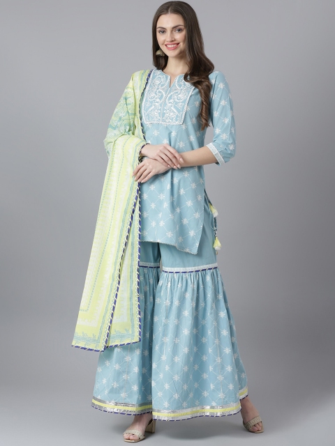 

QOMN Women Blue Printed Pure Cotton Kurti with Sharara & With Dupatta