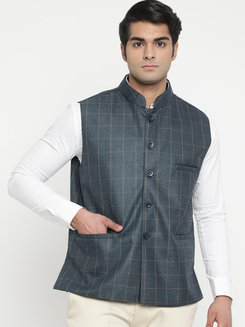 

V2 Value & Variety Men Navy Blue Checked Woven Nehru Jacket