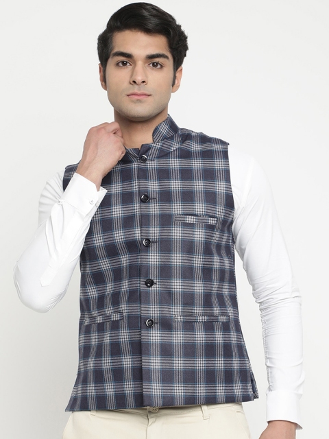 

V2 Value & Variety Men Navy Blue & White Checked Woven Nehru Jacket