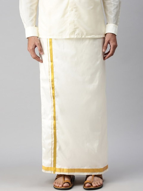 

Ramraj Men Cream-Coloured & Gold-Coloured Solid Pure Silk Dhoti With Towel