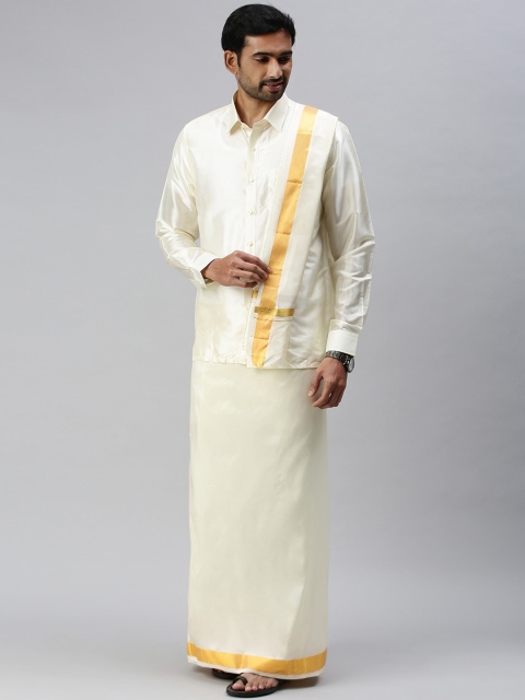 

RAMRAJ COTTON Men Cream-Coloured Solid Dhoti and Towel