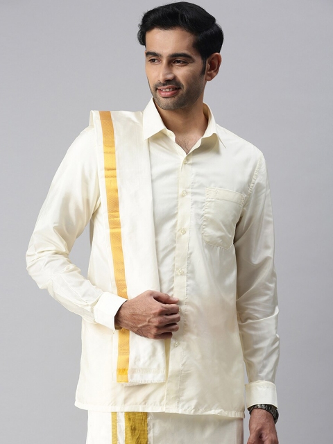 

RAMRAJ COTTON Men Cream-Coloured & Gold-Coloured Solid Pure Silk Dhoti With Towel