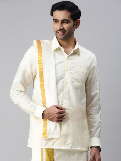 

RAMRAJ COTTON Men Cream-Coloured Solid Pure Silk Dhoti and Towel