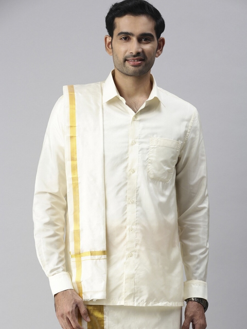 

RAMRAJ COTTON Men Cream-Colored & Gold-Toned Solid Pure Silk Dhoti With Shawl