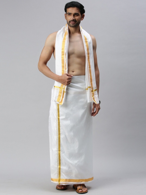 

RAMRAJ COTTON Men White & Gold-Coloured Solid Dhoti With Towel