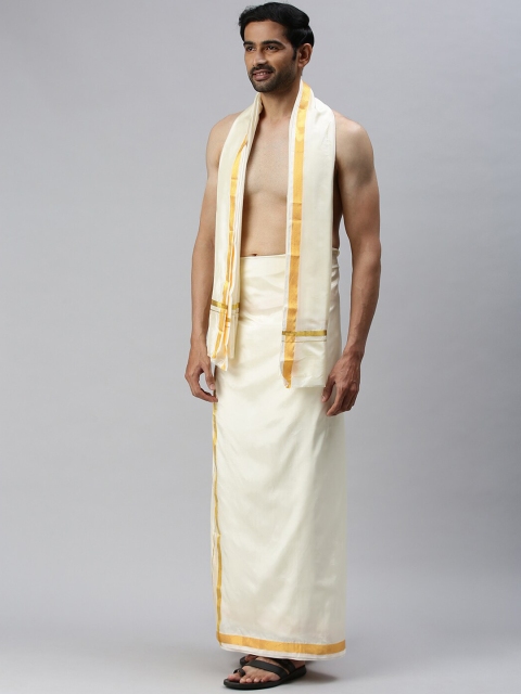 

RAMRAJ COTTON Men Off-White Pure Silk Dhoti and Towel