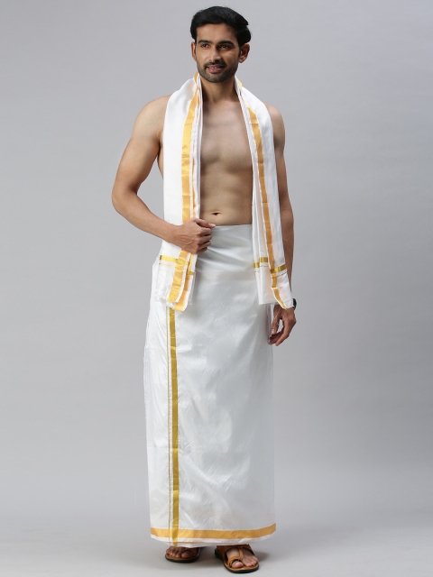 

RAMRAJ COTTON Men White Solid Pure Silk Dhoti & Towel