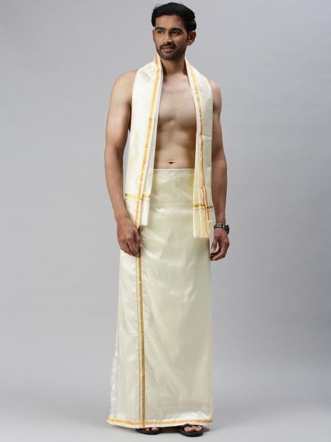

Ramraj Cotton & Gold Toned Pure Silk Dhoti and Towel Set, Cream