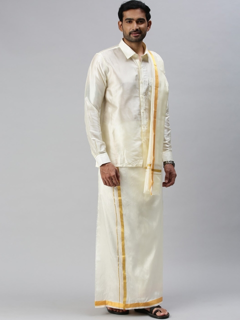 

Ramraj Men Cream-Coloured & Gold-Coloured Solid Dhoti With Shawl