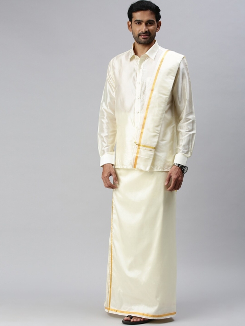 

Ramraj Men Cream-Coloured Gold Zari Border Dhoti & Towel