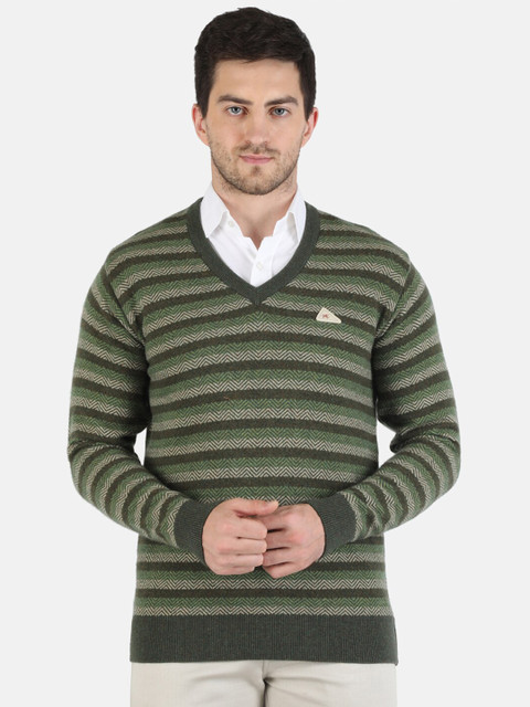 

Monte Carlo Men Olive Green & Beige Wool Striped Pullover