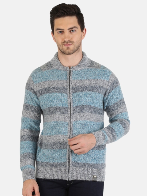 

Monte Carlo Men Grey & Blue Striped Front-Open with Zip Detail Sweater