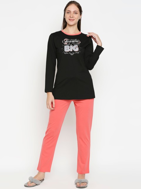 

XIN Women Black & Peach-Coloured Printed Pure Cotton Night suit