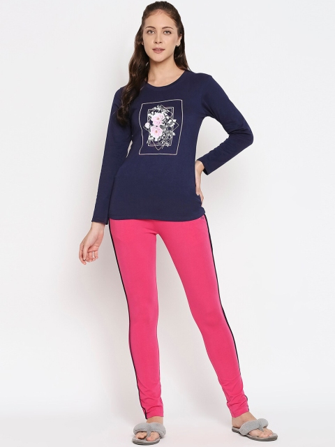 

XIN Woman Navy Blue & Pink Printed Night suit