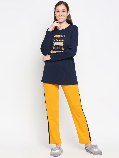 

XIN Women Navy Blue & Yellow Printed Pure Cotton Night Suit