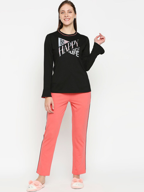 

XIN Women Black & Orange Printed Night suit