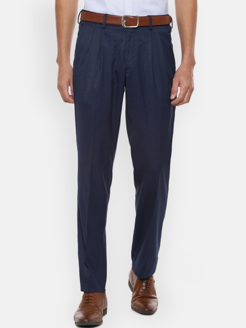

Louis Philippe Men Navy Blue Pleated Trousers