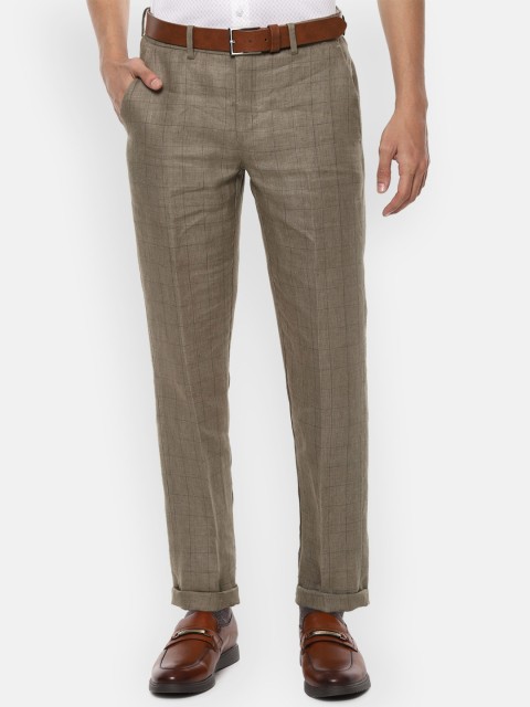 

Louis Philippe Men Brown Checked Slim Fit Linen Trousers