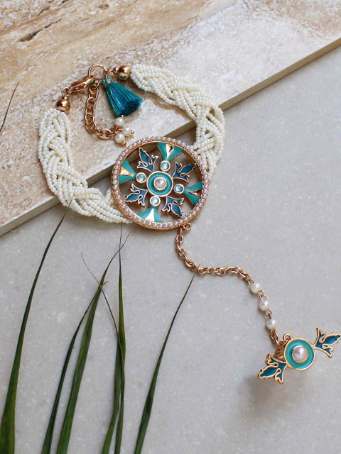 

Runway Ritual Women White & Teal Enamel & Pearls Beaded Gold-Plated Link Bracelet