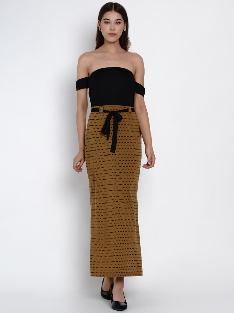 

Texco Khaki Brown & Black Off-Shoulder Maxi Dress