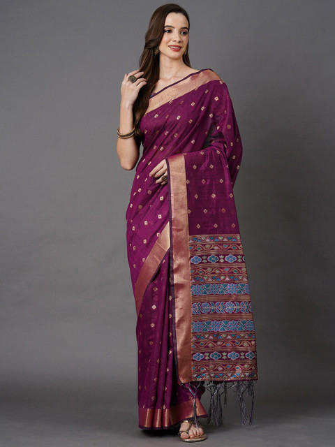 

Mitera Magenta & Rose Gold Floral Silk Cotton Banarasi Saree