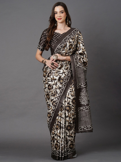 

Mitera White & Brown Floral Silk Blend Saree