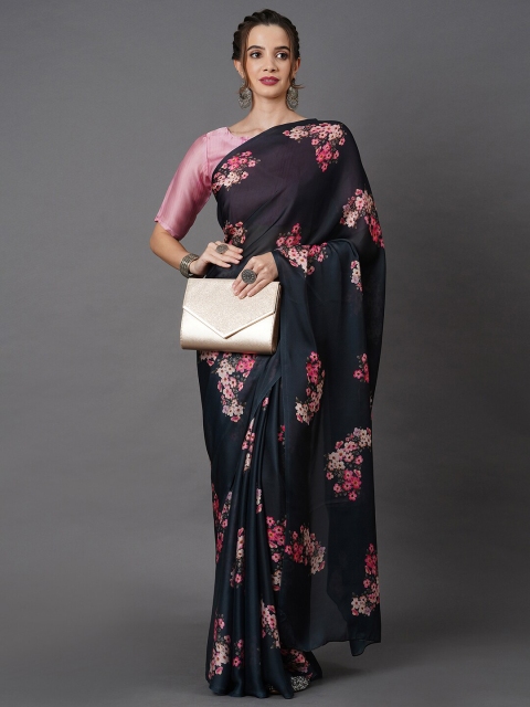 

Mitera Grey & Pink Floral Satin Saree