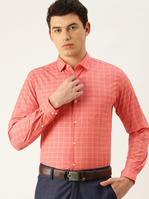 

Peter England Men Peach-Coloured & White Slim Fit Tartan Checked Formal Shirt