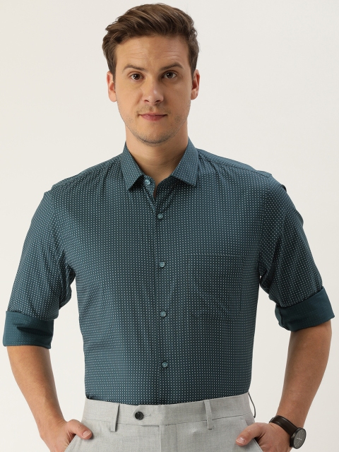 

Peter England Men Teal & White Micro Ditsy Printed Slim Fit Pure Cotton Formal Shirt
