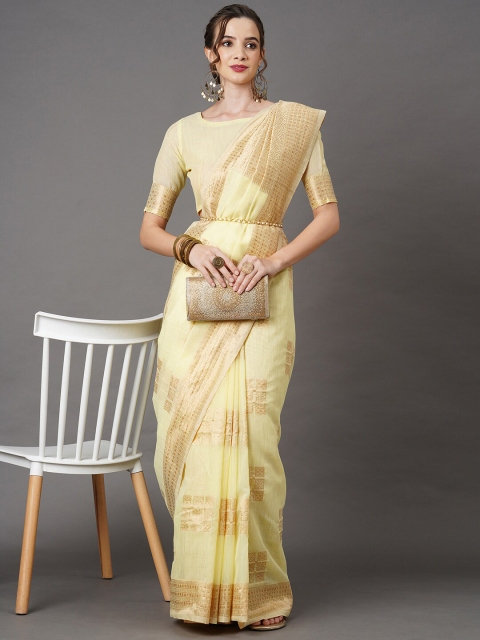 

Mitera Yellow & Gold-Toned Ethnic Motifs Zari Linen Blend Banarasi Saree