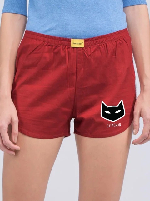 

Bewakoof Women Maroon & Black Printed The Cat Side Cotton Lounge Shorts