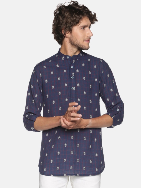 

Saffron Threads Men Navy Blue Woven Design Dobby Cotton Kurta