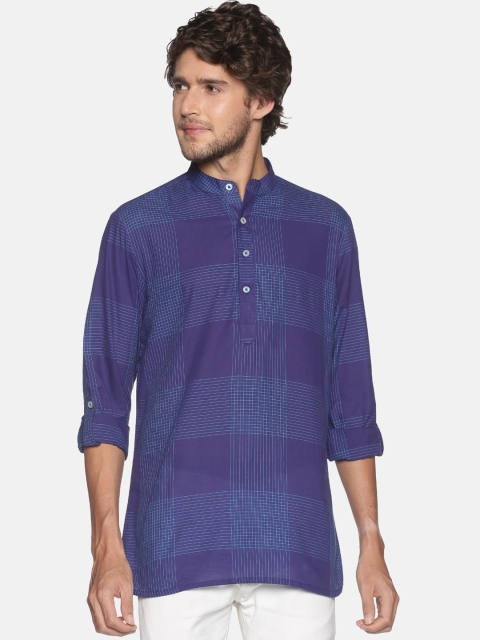 

Saffron Threads Men Cotton Navy Blue Checked Indigo Short Kurta