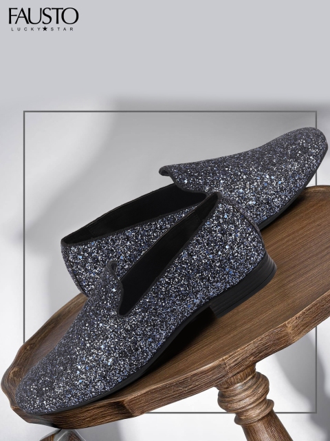 

FAUSTO Men Black Woven Design Suede Loafers