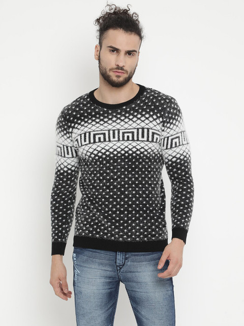 

V2 Value & Variety Men Black & White Printed Acrylic Pullover With Fuzzy Detail