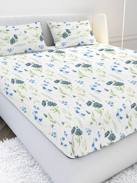 

MAYFAIR HOMES LONDON White & Blue Floral 210 TC Queen Bedsheet with 2 Pillow Covers