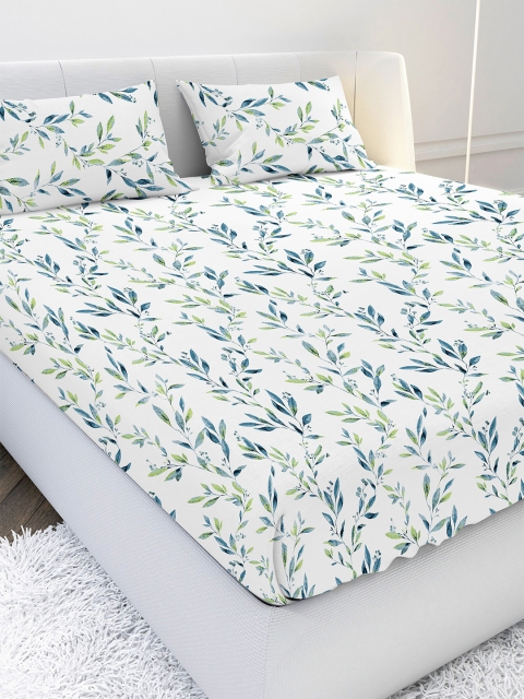 

MAYFAIR HOMES LONDON White & Blue Floral 210 TC King Bedsheet with 2 Pillow Covers