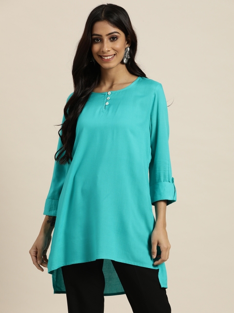 

Sangria Women Turquoise Blue Roll-Up Sleeves Top