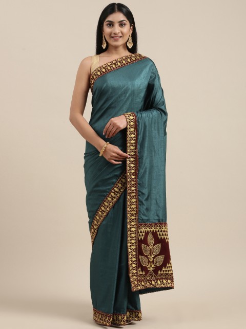

Mitera Teal Blue Embroidered Vichitra Art Silk Saree