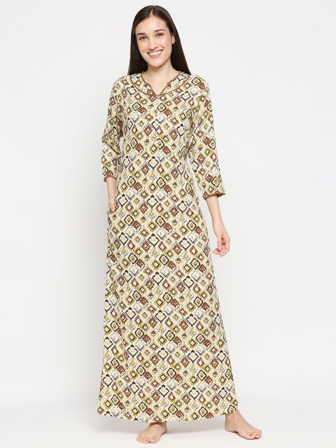 

XIN Women Yellow Printed Maxi Nightdress